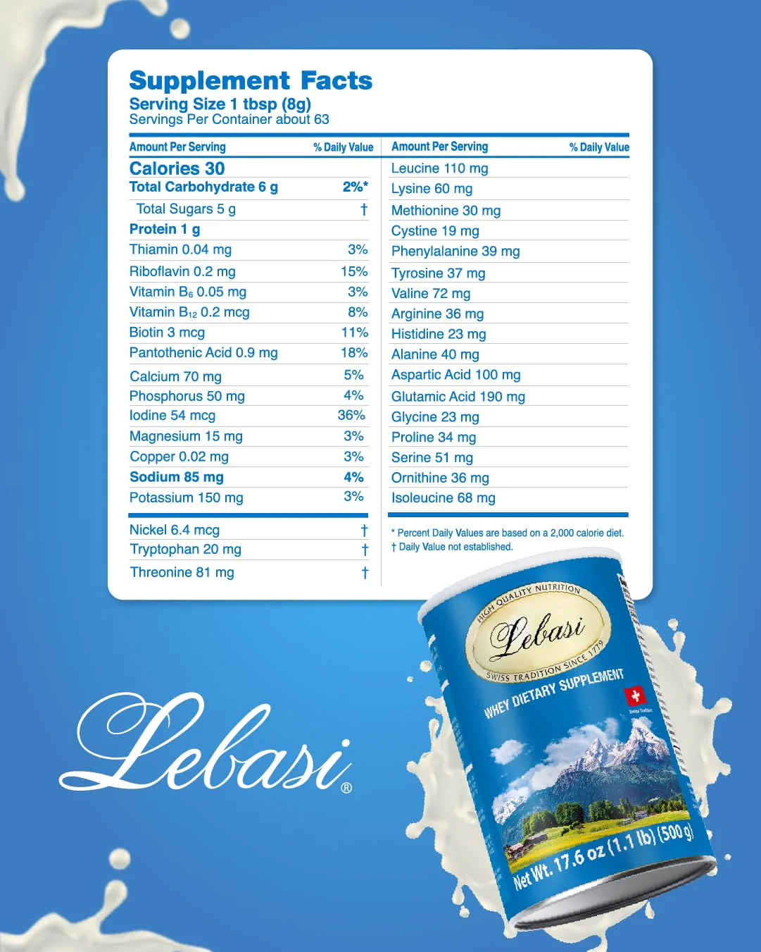 Lebasi supplement facts label — vitamins, minerals and amino acids
